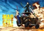  1girl 3boys blood bloody_tears caladbolg car celtic drill explosion fate/grand_order fate_(series) fergus_mac_roich_(fate/grand_order) gae_bolg gae_buidhe gae_dearg lancer lancer_(fate/zero) mad_max mad_max:_fury_road motor_vehicle multiple_boys parody polearm scathach_(fate/grand_order) spear sword vehicle weapon 