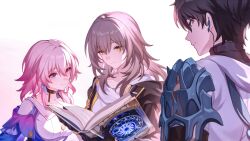  1boy 2girls absurdres as_i&#039;ve_written_(honkai:_star_rail) bad_link black_choker black_gloves black_hair black_jacket black_shirt blue_eyes blue_shirt book breasts buttons choker collarbone dan_heng_(honkai:_star_rail) dan_heng_(hunt)_(honkai:_star_rail) earpiece earrings eyeliner game_cg gloves grey_eyes grey_hair hair_intakes highres holding holding_book honkai:_star_rail honkai_(series) hood hood_down hooded_jacket jacket jewelry long_hair looking_at_object makeup march_7th_(honkai:_star_rail) march_7th_(preservation)_(honkai:_star_rail) medium_breasts medium_hair multicolored_eyes multiple_girls official_art pink_eyes pink_hair red_eyeliner shirt short_hair simple_background smile stelle_(honkai:_star_rail) trailblazer_(honkai:_star_rail) two-tone_eyes white_background white_jacket white_shirt yellow_eyes 