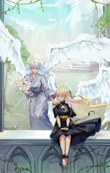  2girls above-cleavage_cutout absurdres angel anklet barefoot black_dress blonde_hair bouquet brown_eyes clothing_cutout commentary corset day dress english_commentary feathered_wings floating_hair full_body gabriel_(omniscient_reader&#039;s_viewpoint) green_eyes grey_robe hair_ribbon halo halo_behind_head hand_on_another&#039;s_shoulder hands_on_lap highres holding holding_bouquet jewelry looking_at_another multiple_girls omniscient_reader&#039;s_viewpoint outdoors plant ribbon robe saihachi06 shoulder_cutout sitting smile uriel_(omniscient_reader&#039;s_viewpoint) vines white_hair white_lily white_wings wind wings wrist_cuffs 