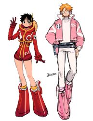  1boy 1girl belt black_hair boots breasts closed_mouth commentary full_body genderswap genderswap_(ftm) genderswap_(mtf) gloves hand_on_own_hip hand_up hat headphones height_difference highres hood hood_down hooded_jacket hoodie jacket ki2ri5 medium_breasts monkey_d._luffy multiple_belts nami_(one_piece) one_piece open_clothes open_jacket orange_hair pants parted_lips pink_boots pink_jacket red_boots red_gloves red_hoodie red_jacket red_shorts scar scar_on_cheek scar_on_face science_fiction shirt short_hair short_shorts shorts simple_background standing straw_hat symbol-only_commentary thighs turtleneck turtleneck_shirt twitter_username unworn_hat unworn_headwear white_background white_pants white_shirt 