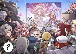  5boys 6+girls ? aether_(genshin_impact) aqua_hair artist_logo artist_name astral_express_(honkai:_star_rail) black_gloves blonde_hair blue_eyes brother_and_sister brown_hair caelus_(honkai:_star_rail) can_(honkai_impact) captain_(honkai_impact) castorice_(honkai:_star_rail) cerydra_(honkai:_star_rail) character_request commentary_request company_connection cyrene_(honkai:_star_rail) cyrene_(ripples_of_past_reverie)_(honkai:_star_rail) dual_persona eden_(honkai_impact) elysia_(hi_love_elf)_(honkai_impact) elysia_(honkai_impact) english_commentary evernight_(honkai:_star_rail) genshin_impact gloves highres holding holding_money honkai:_star_rail honkai_(series) honkai_impact_3rd inoue_marina logo long_hair lumine_(genshin_impact) march_7th_(honkai:_star_rail) mhunter_45 mihoyo money multicolored_hair multiple_boys multiple_girls phainon_(honkai:_star_rail) pink_hair poster_(object) red_hair selfie selfie_stick short_hair siblings spoken_question_mark stelle_(honkai:_star_rail) trailblazer_(honkai:_star_rail) two-tone_hair very_long_hair voice_actor_connection white_hair wise_(zenless_zone_zero) yanning zenless_zone_zero 