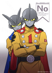  2boys black_eyes blue_cape cape coat colored_sclera cowboy_shot crossed_arms dragon_ball dragon_ball_super dragon_ball_super_super_hero fins gamma_1 gamma_2 head_fins highres k-haruka male_focus multiple_boys red_cape simple_background standing white_background yellow_coat yellow_sclera 