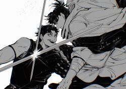  2boys absurdres armband bandaged_arm bandages cloak dated diffraction_spikes duel eye_contact face-to-face faceoff fighting greyscale high_collar highres hokuto_(kagurabachi) holding holding_sword holding_weapon kagurabachi katana laughing light_particles looking_at_another male_focus monochrome multiple_boys open_mouth short_hair signature simple_background single_bare_leg single_sleeve sparks sword sword_clash uruha_youji weapon whalebone_1022 