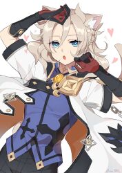  1boy albedo_(genshin_impact) animal_ears black_gloves blue_eyes blue_shirt cat_boy cat_ears cat_tail chain coat genshin_impact gloves hair_between_eyes highres jacket kemonomimi_mode looking_at_viewer male_focus red_gloves shirt solo tail two-tone_gloves upper_body vision_(genshin_impact) wai1010 white_background white_coat white_jacket 