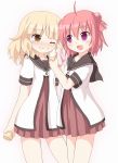  2girls akaza_akari blonde_hair commentary_request double_bun hair_bun hair_ornament kagerou_(kers) multiple_girls oomuro_sakurako open_mouth redhead school_uniform short_hair smile yuru_yuri 