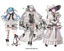 3girls ahoge ankle_bow arm_at_side back_bow bare_shoulders black_boots black_bow black_gloves black_ribbon black_shoes black_shorts black_thighhighs black_tube_top blue_hair blunt_bangs boots bow brooch center-flap_bangs clothing_cutout copyright_notice cross-laced_clothes cross-laced_gloves cross-laced_top detached_leggings double_bun dress dress_bow dress_ribbon elbow_gloves footwear_bow frilled_dress frilled_garter frilled_sleeves frills full_body garter_straps gem gloves gradient_hair grey_eyes grey_hair hair_between_eyes hair_bow hair_bun hair_ribbon hand_to_own_mouth hands_on_own_cheeks hands_on_own_face hat hat_bow high_heel_boots high_heels jewelry lace-up_boots layered_dress leg_ribbon leggings lineup long_dress long_hair long_hair_between_eyes long_sleeves looking_at_viewer midriff_peek mole mole_under_eye mole_under_mouth multicolored_hair multicolored_shoes multiple_girls nail_polish nanase_suzuna naruka_(ynarukay) neck_ribbon nijisanji o-ring o-ring_thigh_strap official_art orange_nails pencil_dress platform_boots puffy_short_sleeves puffy_sleeves purple_hair red_gemstone ribbon sample_watermark see-through_clothes see-through_dress see-through_sleeves shoes short_dress short_hair short_sleeves shorts shoulder_cutout simple_background single_detached_legging skirt_hold sleeve_bow sleeve_ribbon sophia_valentine standing strapless tamanoi_nana thigh-highs thigh_boots thigh_strap tube_top two-sided_fabric two-sided_headwear two-tone_shoes two_side_up veil very_long_hair virtual_youtuber waist_ribbon watermark white_background white_dress white_hat white_leggings white_shoes white_veil yellow_eyes 