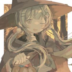  1girl ;d blunt_bangs brown_eyes bucket candy chest_bow double-parted_bangs food halloween_bucket hat highres holding holding_bucket looking_at_viewer multiple_hair_clips muted_color one_eye_closed original photo_inset smile solo twintails upper_body wind yukitomo_(motcha111) 
