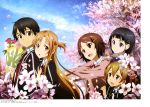  1boy 4girls absurdres adachi_shingo asuna_(sao) black_eyes black_hair brown_eyes brown_hair flower hair_flower hair_ornament highres holding holding_flower kirigaya_suguha kirito lisbeth long_hair multiple_girls open_mouth outdoors school_uniform short_hair silica smile sword_art_online 