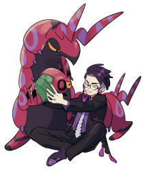  1boy antennae assassinookayu black-framed_eyewear black_hair black_jacket black_pants bug centipede closed_eyes closed_mouth collared_shirt colored_sclera corbeau_(pokemon) eyewear_strap glasses highres holding holding_pokemon horns jacket long_sleeves necktie open_clothes open_jacket open_mouth pants parted_hair pokemon pokemon_(creature) pokemon_legends:_z-a purple_hair purple_shirt round_eyewear scolipede shirt short_hair short_sideburns simple_background sitting smile undercut venipede white_background white_necktie yellow_eyes yellow_sclera 
