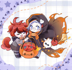  2boys :&lt; :d ahoge animal_ears animalization aotsuki_eito black_cloak black_gloves black_streaks bow bowtie broom broom_riding bucket chibi chibi_only chinese_commentary cloak closed_eyes commentary_request dog_boy dog_ears dog_tail english_commentary fang foodification glasses gloves grey_hair grey_jacket halloween halloween_bucket halloween_costume highres holding holding_bucket jacket kemonomimi_mode looking_at_viewer male_focus mixed-language_commentary multicolored_hair multiple_boys orange_bow orange_bowtie person_and_animalization purple_background rabbit red_hair scythe short_hair smile streaked_hair sumino_takumi sunglasses tail the_hundred_line_-last_defense_academy- tomato trade-wind violet_eyes white_background 