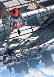  1girl 2025 absurdres antel_1811 arms_at_sides blue_sky building chair city cityscape clouds commentary_request day double_bun full_body grey_shirt hair_bun highres kasane_teto kasane_teto_(sv) long_sleeves multicolored_skirt outdoors plant pleated_skirt potted_plant red_hair scenery shadow shirt skirt sky skyscraper solo synthesizer_v utau 