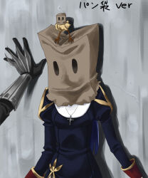  1boy 1girl animal_on_head assassin_cross_(ragnarok_online) baby_animal bag bag_on_head bird bird_on_head black_gloves blue_dress chick commentary_request cross cross_necklace dress gloves jewelry juliet_sleeves kabedon long_sleeves looking_at_viewer necklace on_head paper_bag pov pov_hands priest_(ragnarok_online) puffy_sleeves ragnarok_online solo_focus toriria upper_body vambraces 