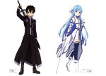  1boy 1girl absurdres asuna_(sao) asuna_(sao-alo) black_gloves black_hair blue_hair blue_legwear fingerless_gloves gloves hagiwara_hiromitsu highres holding_sword holding_weapon kirito kirito_(sao-alo) long_hair looking_at_viewer pointy_ears short_hair simple_background smile sword sword_art_online thigh-highs very_long_hair weapon white_background 