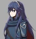  1girl blue_eyes blue_hair blush cape commentary_request fire_emblem fire_emblem:_kakusei flat_chest hairband jitome light_smile long_hair lowres lucina sawati solo very_long_hair 