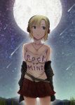  1girl 3e blush breasts brown_hair clothes_writing commentary_request full_moon green_eyes headphones idolmaster idolmaster_cinderella_girls jewelry moon necklace off_shoulder open_mouth short_hair skirt solo tada_riina 