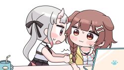  2girls animal_ears bendy_straw black_bow black_necktie blush_stickers bone_hair_ornament bow braid brown_eyes brown_hair brown_skirt cartoon_bone chibi closed_mouth collared_shirt computer cup dog_ears dress drinking_straw gradient_hair grey_hair hair_bow hair_ornament hair_over_shoulder hololive horns inugami_korone inugami_korone_(1st_costume) jacket laptop long_hair low_twintails mochimiko mug multicolored_hair multiple_girls nakiri_ayame nakiri_ayame_(streetwear) necktie off_shoulder oni open_clothes open_jacket open_mouth pleated_skirt profile red_eyes red_hair shirt simple_background skirt sleeveless sleeveless_dress sleeveless_shirt sweat twin_braids twintails very_long_hair virtual_youtuber white_background white_dress white_shirt x_hair_ornament yellow_jacket 