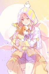  1girl absurdres animal animal_on_head argyle_cloak balloon baronet beagle bird bird_on_head bow bowtie brown_eyes chinese_commentary circle cloak closed_mouth clothed_animal commentary_request cowboy_shot dog dot_nose eyelashes fingerless_gloves frilled_sleeves frills gloves happy highres holding holding_animal holding_dog hood hood_up hooded_cloak infinity_nikki light_blush light_particles lips long_hair long_sleeves nikki_(nikki) nikki_(series) on_head one_eye_closed pink_hair pink_lips pink_ribbon purple_background purple_bow purple_bowtie purple_cloak purple_shorts ribbon shirt shorts sidelocks single_thighhigh smile solo sparkle split-color_clothes standing striped_clothes stuffed_animal stuffed_toy tailcoat tareme teddy_bear thigh-highs two-tone_background two-tone_cloak vertical-striped_cloak vertical-striped_clothes wavy_hair white_bird white_thighhighs yellow_background yellow_cloak yellow_gloves yellow_shirt 