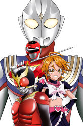  1girl 3boys :d absurdres alien arm_warmers armor assault_visor belt black_arm_warmers black_bodysuit black_gloves black_skirt blush bodysuit bow breastplate buckle chest_bow colored_skin commentary compound_eyes crop_top crossover crystal cure_black dorsal_fin earrings forehead_jewel frilled_skirt frilled_sleeves frills futari_wa_precure giant giant_male gloves glowing glowing_eyes gold_horns gold_trim gradient_eyes grin hand_on_own_hip hand_up heart heart-shaped_buckle heart_belt heart_earrings helmet highres holding holding_sword holding_weapon horns jewelry kamen_rider kamen_rider_kuuga kamen_rider_kuuga_(mighty_form) kamen_rider_kuuga_(series) kousoku_sentai_turboranger looking_at_viewer looking_down magical_girl midriff misumi_nagisa multicolored_bodysuit multicolored_eyes multicolored_skin multiple_boys multiple_crossover navel orange_eyes orange_hair pink_belt precure purple_skin raina_(14758801) red_armor red_bodysuit red_eyes red_helmet red_skin red_turbo short_hair short_sleeves silver_skin simple_background skirt smile stag_beetle standing super_sentai swept_bangs sword tokusatsu two-tone_bodysuit ultra_series ultraman_tiga ultraman_tiga_(multi_type) ultraman_tiga_(series) upper_body weapon white_background white_bodysuit white_bow white_eyes yellow_eyes 