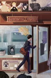  1boy 2others absurdres abyssal_black_flame_dragon_(omniscient_reader&#039;s_viewpoint) bag black_coat black_hair book bookstore coat collared_shirt display faceless full_body han_sooyoung highres holding_strap kim_dokja male_focus multiple_others omniscient_reader&#039;s_viewpoint opening_door out_of_frame people poster_(object) saihachi06 shirt shop short_hair shoulder_bag solo_focus sun_wukong_(omniscient_reader&#039;s_viewpoint) uriel_(omniscient_reader&#039;s_viewpoint) walking white_shirt window_shopping yoo_joonghyuk 