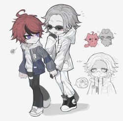  2boys :d ? ^_^ ahoge animal_ears aotsuki_eito black_gloves black_pants black_shoes black_streaks blue_eyes blue_jacket blush_stickers breast_pocket cat_boy cat_ears cat_tail chibi chibi_inset closed_eyes deformed facing_another frown glasses gloves grey_hair grey_jacket highres holding_hands hood hoodie image_in_speech_bubble jacket jacket_over_hoodie kemonomimi_mode kittyburger looking_at_another male_focus multicolored_hair multicolored_jacket multiple_boys multiple_persona multiple_views nervous_sweating open_clothes open_jacket pants pocket rabbit_boy rabbit_ears red_hair shoes short_hair simple_background single_blush_sticker smile speech_bubble spoken_question_mark squiggle streaked_hair sumino_takumi sweat tail the_hundred_line_-last_defense_academy- two-tone_jacket walking white_background white_hoodie white_jacket white_pants white_shoes 