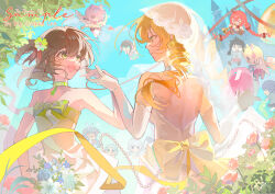  &gt;_&lt; 6+girls absurdres angel_wings artist_name back_bow backless_dress backless_outfit balloon bare_arms beads blonde_hair blue_sky bow bowtie bridal_veil bride brown_hair chibi choker closed_mouth clouds clover_hair_ornament commission cupid day dress drill_hair elbow_gloves eye_contact eyelashes floating_hair flower four-leaf_clover_hair_ornament from_behind gloves green_bow green_bowtie green_choker green_eyes hair_flower hair_ornament hair_ribbon hao_xihuan_chi_da_jitui highres holding_hands instrument lace-trimmed_veil lace_trim lily_(flower) long_hair looking_at_another mahou_shoujo_madoka_magica mahou_shoujo_madoka_magica_(anime) multiple_girls music oc_x_canon original outdoors pendant_choker pink_flower pink_rose playing_instrument pointy_nose red_ribbon ribbon rose sample_watermark see-through_clothes see-through_veil short_dress shoulder_blades skirt_hold sky smile strapless strapless_dress striped_ribbon tomoe_mami twin_drills two_side_up veil watermark wedding white_choker white_dress white_flower white_gloves white_veil wife_and_wife wings yellow_bow yellow_eyes yuri 