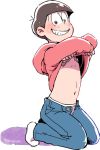  1boy bandaid bandaids_on_nipples bowl_cut brown_hair denim grin heart heart-shaped_pupils hoodie hoodie_lift jeans looking_at_viewer male_focus osomatsu-kun osomatsu-san osomatsu_(osomatsu-kun) pants pasties seiza shirt_lift sitting smile solo symbol-shaped_pupils twitter_username unbuttoned 