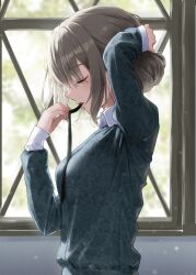  1girl closed_eyes commentary_request enu_illustip from_side gakuen_idolmaster grey_hair highres hiwatari_kanae idolmaster indoors long_sleeves mouth_hold profile ribbon ribbon_in_mouth solo tying_hair upper_body window 