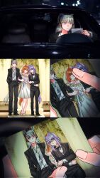  3girls absurdres animal_ears aqua_bow b_lt bare_shoulders belt black_belt black_bow black_bowtie black_jacket black_pants blunt_bangs bouquet bow bowtie bridal_veil bride brown_hair brown_hat car closed_mouth collarbone collared_shirt dress driving ear_bow ear_ribbon glasses gold_ship_(umamusume) grey_hair hat high_heels highres holding holding_bouquet holding_photo horse_ears horse_girl horse_tail ikuno_dictus_(umamusume) jacket locked_arms long_hair long_sleeves mejiro_mcqueen_(umamusume) motor_vehicle multiple_girls open_clothes open_jacket pants parody photo-referenced photo_(object) pillbox_hat purple_bow purple_hair ripping round_eyewear scene_reference shirt shoes smile suit suit_jacket tail umamusume veil violet_eyes wedding wedding_dress white_dress white_shirt 