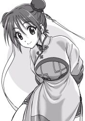  1girl ahoge arms_behind_back braid bun_with_braided_base china_dress chinese_clothes cowboy_shot double_bun dress hair_bun highres huang_yui kudou_masashi sakura_taisen shin_sakura_taisen shorts_under_dress side_slit smile solo 