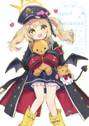  1girl aiguillette armband black_coat black_dress black_hat black_wings blonde_hair bloomers blue_archive blush boots bow coat commentary_request crime_prevention_buzzer cyan_(sasukeone3) demon_girl demon_tail demon_wings dress halo hands_up happy hat hat_bow hat_ornament heart heart_hat_ornament highres holding holding_stuffed_toy ibuki_(blue_archive) looking_at_viewer low_wings open_clothes open_coat open_mouth peaked_cap pink_bow pointy_ears red_armband signature simple_background sleeves_past_wrists solo standing stuffed_animal stuffed_toy tail teddy_bear twintails watermark white_background white_bloomers wings yellow_boots yellow_eyes yellow_halo 