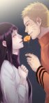  1boy 1girl bangs black_hair blonde_hair blunt_bangs closed_mouth couple eye_contact flower from_side gift hal_(sakurajam) hands_on_own_chest hands_together hetero holding holding_flower hyuuga_hinata long_hair long_sleeves looking_at_another naruto parted_lips purple_hair smile turtleneck uzumaki_naruto violet_eyes whiskers zipper 