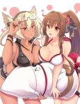  2girls adjusting_glasses asymmetrical_docking bikini blonde_hair breast_press breasts brown_hair cleavage commentary_request dark_skin glasses grey_hair hair_intakes highres kantai_collection multiple_girls musashi_(kantai_collection) omone_chou pillow pointy_hair ponytail red_eyes semi-rimless_glasses swimsuit under-rim_glasses yamato_(kantai_collection)large_breasts 