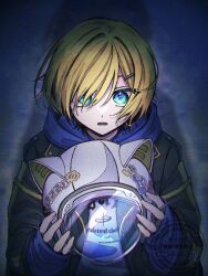  1boy animal_ear_helmet animal_ears animal_helmet arm_belt belt black_jacket blonde_hair blue_hood cat_ears clothes_writing drawstring fake_animal_ears from_above green_eyes hair_intakes hair_ornament hair_over_one_eye hairclip helmet highres holding holding_unworn_helmet hood hood_down hoodie jacket looking_at_viewer loose_belt male_focus night nijisanji no_headwear open_clothes open_jacket parted_lips print_hoodie short_hair sleeves_past_wrists solo space_helmet sparkling_eyes standing sticker tt1010 unworn_headwear unworn_helmet upper_body uzuki_kou uzuki_kou_(5th_costume) virtual_youtuber watermark white_helmet white_hoodie wolf_cut yellow_belt yellow_trim 