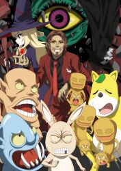  1girl agnes_(gegege_no_kitarou_6) angry animal_ears backbeard bidi_(gegege_no_kitarou_6) black_eyes blonde_hair blue_eyes blue_skin broom brown_fur brown_hair brown_shirt clenched_hand colored_sclera colored_skin crystal dog_ears egiku_(gegege_no_kitarou_6) fangs fedora gegege_no_kitarou hat highres leaf leaf_on_head looking_at_viewer mask medibang_paint_(medium) miminaga_(gegege_no_kitarou_6) missing_tooth mouse_(animal) nanashi_(gegege_no_kitarou_6) necktie nori_gutchin pointy_ears rabbit_ears red_eyes red_necktie rubble shirt smirk spirit take-nezumi_no_sei_(gegege_no_kitarou_6) tentacles tsuchi_no_sei_(gegege_no_kitarou_6) violet_eyes werewolf whiskers witch witch_hat wolfgang_(gegege_no_kitarou_6) yellow_fur yellow_sclera 