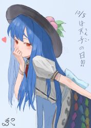  1girl blue_hair blue_skirt blush clenched_hand commentary_request from_side hand_to_own_mouth hat heart highres hinanawi_tenshi long_hair looking_at_viewer peach_hat_ornament red_eyes ropu_1 shirt short_sleeves signature skirt solo touhou translation_request very_long_hair white_shirt 