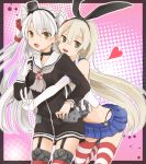  2girls :d amatsukaze_(kantai_collection) bare_shoulders blonde_hair blue_skirt bow brown_eyes choker crop_top elbow_gloves garter_straps gloves grey_eyes hair_bow hair_tubes hairband headgear highleg hug hug_from_behind kantai_collection long_hair looking_at_viewer midriff multiple_girls neckerchief open_mouth pleated_skirt sailor_collar sailor_dress shimakaze_(kantai_collection) silver_hair single_gloves skirt smile striped striped_legwear thigh-highs two_side_up white_gloves yuna_(yukiyuna) 