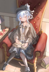  1girl absurdres armchair artist_name black_bag black_capelet black_hat black_pantyhose black_shoes blue_hair blue_skirt book braid braided_hair_rings capelet chair closed_eyes closed_mouth deerstalker flower full_body grey_vest hair_rings hat highres indoors light_particles long_sleeves magnifying_glass mahou_shoujo_no_majo_saiban maplezero open_book pantyhose pleated_skirt red_flower red_rose rose shirt shoes short_hair single_leg_pantyhose sitting skirt sleeping solo tachibana_sherry vest white_shirt 
