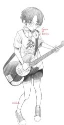  1girl bass_guitar clothes_writing commentary_request copyright_name ear_piercing full_body futsuu_no_keion-bu glasses greyscale guitar_strap headphones headphones_around_neck highres holding holding_bass_guitar holding_instrument instrument kakkokabu monochrome nikaidou_mawari parted_bangs piercing print_shirt round_eyewear shirt shoes short_hair short_shorts short_sleeves shorts sneakers solo t-shirt twitter_username 