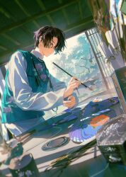  1boy blue_vest blurry blurry_foreground canvas_(object) chinese_clothes day hanfu highres holding holding_paintbrush indoors lattice long_sleeves male_focus original paint_palette paintbrush painting_(action) painting_(object) parted_bangs purple_hair short_hair solo sunlight tassel tree vest window xiaojiaju 