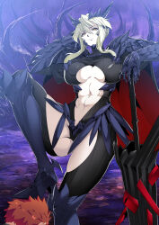  1boy 1girl absurdres artoria_pendragon_(fate) artoria_pendragon_(lancer_alter)_(fate) bodysuit braid braided_bun breasts corruption dark_persona emiya_shirou fate/grand_order fate/stay_night fate_(series) garter_belt gloves hair_between_eyes hair_bun highres horns large_breasts looking_at_viewer navel nima888 orange_hair revealing_clothes rhongomyniad_(fate) ribbed_bodysuit senji_muramasa_(fate) sidelocks thigh-highs thighs under_boob yellow_eyes 