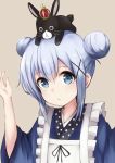  1girl alternate_hairstyle animal_ears animal_on_head anko_(gochuumon_wa_usagi_desuka?) apron blue_eyes blue_hair bunny_on_head colis_(regunm772) commentary_request crown double_bun frills gochuumon_wa_usagi_desu_ka? hair_bun hair_ornament hairclip japanese_clothes kafuu_chino kimono long_hair looking_at_viewer rabbit rabbit_ears simple_background tail x_hair_ornament yukata 