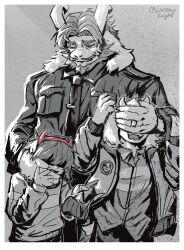  1other 2boys absurdres animal_ears artist_name asgore_dreemurr asriel_dreemurr beard closed_eyes closed_mouth covering_another&#039;s_eyes deltarune english_commentary facial_hair fake_horns floppy_ears furry furry_male goat_ears goat_horns greyscale highres horns kris_(deltarune) latencyknight monochrome multiple_boys necktie open_mouth police police_uniform red_horns smile twintails utdr_(toby_fox) 