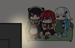  &gt;_&lt; 1other 3girls :3 ange_katrina ange_katrina_(1st_costume) animal_ears animal_hair_ornament ankle_boots apron black_coat blue_eyes blue_hair blunt_bangs blush_stickers boots brown_boots brown_hair brown_kimono brown_tail cardigan chibi chibi_only clawed_boots closed_mouth coat colored_inner_hair commentary_request couch cushion dog_ears dog_girl dog_tail eating flower food grey_background hair_flower hair_intakes hair_ornament hand_up heterochromia holding holding_cushion holding_food inui_toko inui_toko_(1st_costume) japanese_clothes kimono lize_helesta lize_helesta_(1st_costume) long_hair long_skirt long_sleeves looking_ahead low_twintails maid_headdress mitsumine_(ookami_no_oyashiro) multicolored_eyes multicolored_hair multiple_girls nijisanji no_pupils off_shoulder on_couch peeking_out red_cardigan red_eyes red_hair red_skirt sanbaka_(nijisanji) scared short_hair sitting skirt sleeves_past_fingers sleeves_past_wrists smile streaked_hair tail tearing_up television twintails two-tone_eyes two-tone_hair very_long_hair violet_eyes virtual_youtuber waist_apron watching_television wavy_mouth white_apron white_boots white_hair white_headdress yellow_eyes 