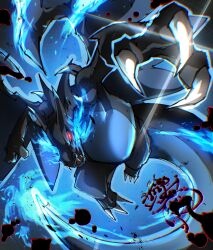  absurdres black_background blue_fire breath_weapon breathing_fire charizard claws dragon fangs fergoart fiery_tail fire full_body glint highres mega_charizard_x midair no_humans pokemon pokemon_(creature) red_eyes solo tail 