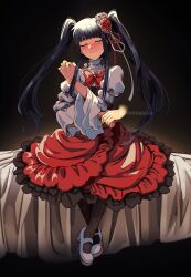  1girl absurdres bed_sheet blue_eyes blue_hair blunt_bangs blush bow choker closed_eyes disembodied_hand dress flower frills furudo_erika hair_flower hair_ornament hat highres holding_hands long_hair pantyhose pink_bow ribbon rose sitting skirt smile solo twintails umineko_no_naku_koro_ni uneasywolf 