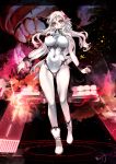  1girl airfield_hime ankle_boots bare_shoulders black_panties boots breasts covered_navel glowing glowing_eyes highres horns kantai_collection large_breasts leotard long_hair looking_at_viewer pale_skin panties rathke red_eyes shinkaisei-kan underwear white_boots white_hair 