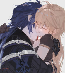 2boys aether_(genshin_impact) black_gloves blonde_hair blue_hair closed_eyes flins_(genshin_impact) genshin_impact gloves gnmakosn hand_on_another's_shoulder highres licking_shoulder light_blush multiple_boys sweatdrop tongue tongue_out watermark white_background yaoi