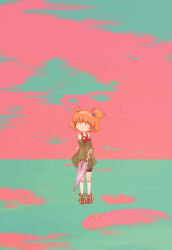  1girl aine_(hoshi_wo_miru_hito) bike_shorts bright_pupils closed_umbrella commentary_request detached_sleeves full_body hair_bobbles hair_ornament highres hijikimon2mon holding holding_umbrella hoshi_wo_miru_hito one_side_up orange_eyes orange_hair puddle red_tank_top short_hair socks solo stargazer_(series) tank_top umbrella white_pupils white_socks 