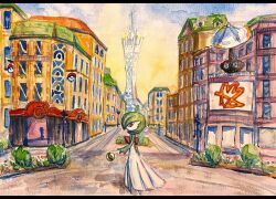  1girl arm_at_side blue_sky bob_cut bush city colored_skin day from_side full_body gardevoir gradient_sky green_hair green_skin in-universe_location keishi_(pixiv_1245064) letterboxed looking_at_viewer mega_stone multicolored_skin no_feet outdoors painting_(medium) poke_ball_symbol pokemon pokemon_(creature) pokemon_center pokemon_legends:_z-a prism_tower profile red_eyes satellite_dish short_hair sky solo standing tower traditional_media two-tone_skin watercolor_(medium) white_skin yellow_sky 