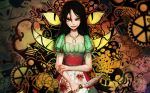  1girl alice:_madness_returns alice_(wonderland) apron bai_yemeng black_hair blood blood_on_face bloody_clothes bloody_knife cheshire_cat collarbone gears green_eyes long_hair looking_at_viewer puffy_short_sleeves puffy_sleeves short_sleeves smile solo waist_apron 